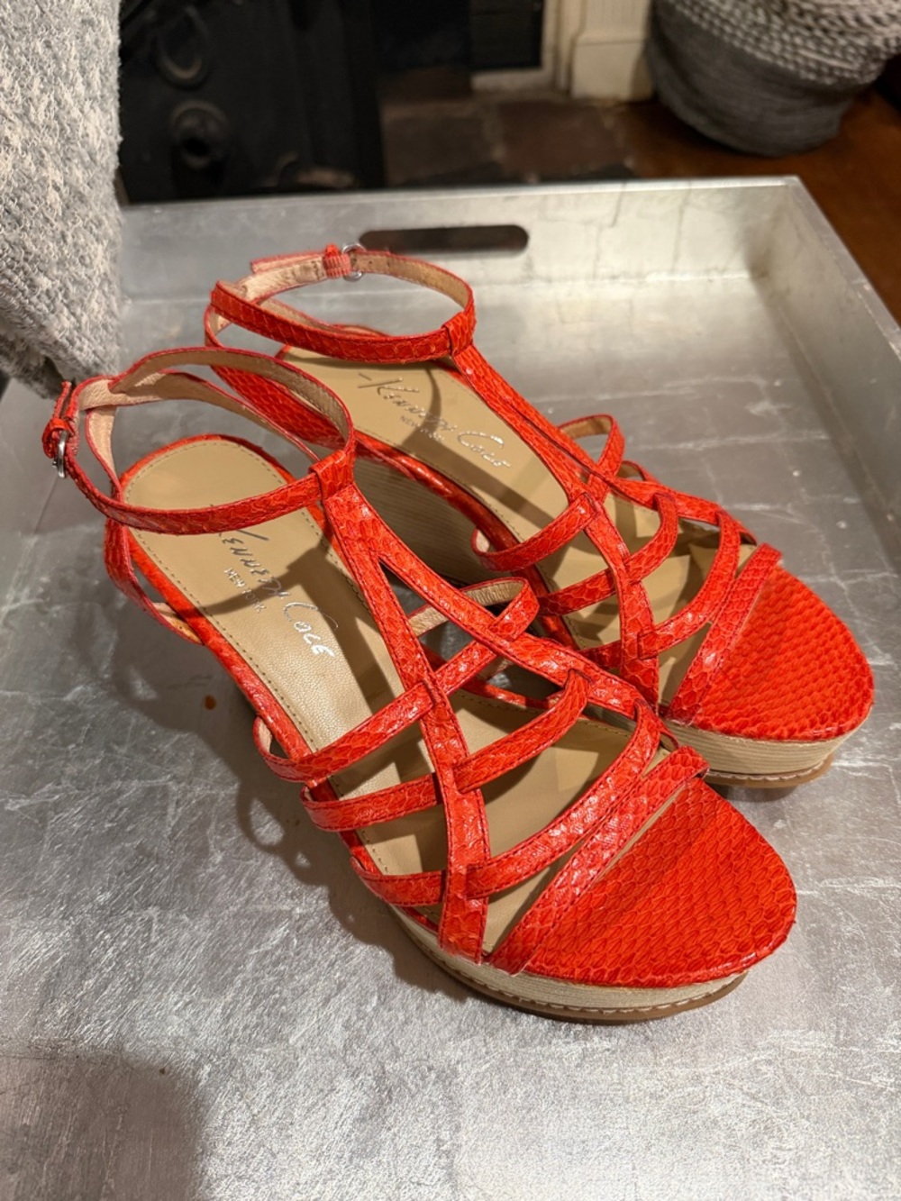 Kenneth Cole vibrant color pop orange Strappy Wedge platform Sandals